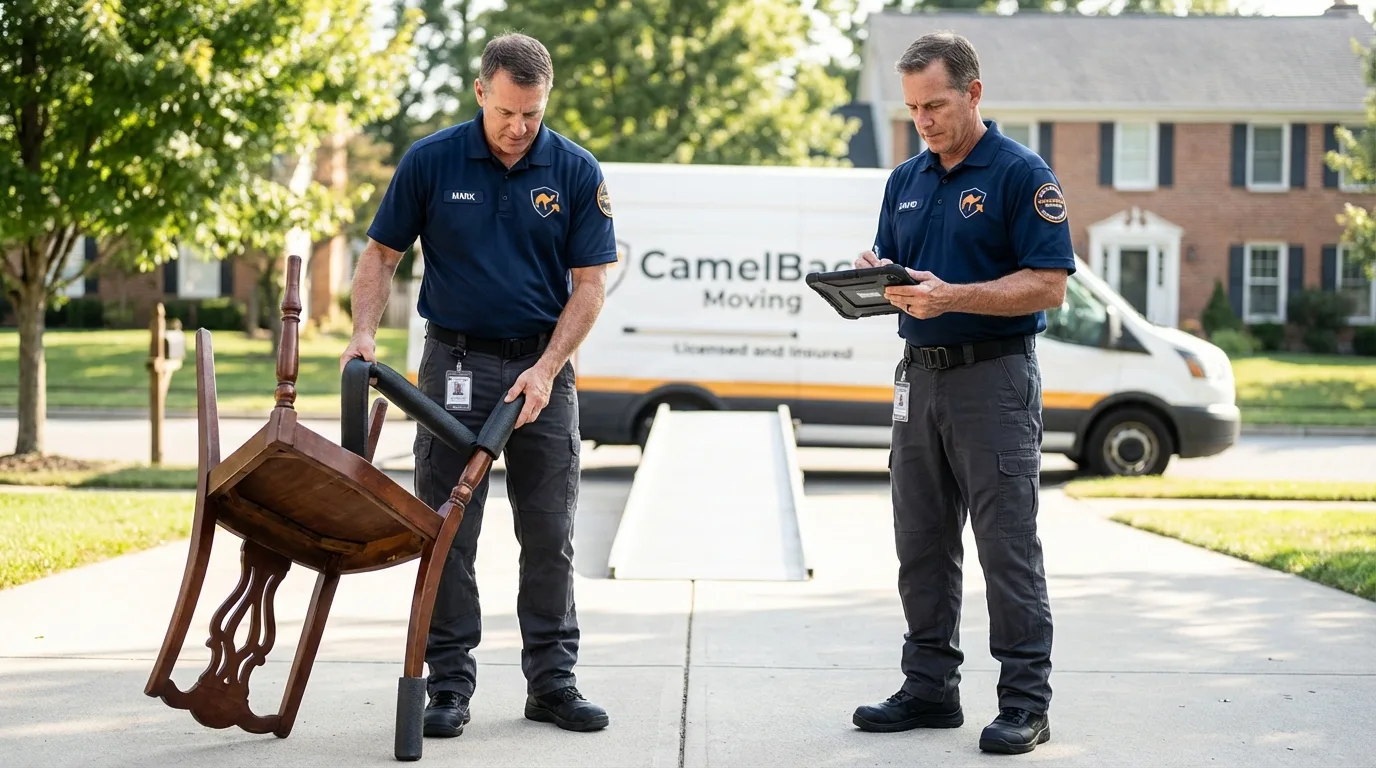 Movers inspecting furniture for damage prevention before loading in Leetonia, OH