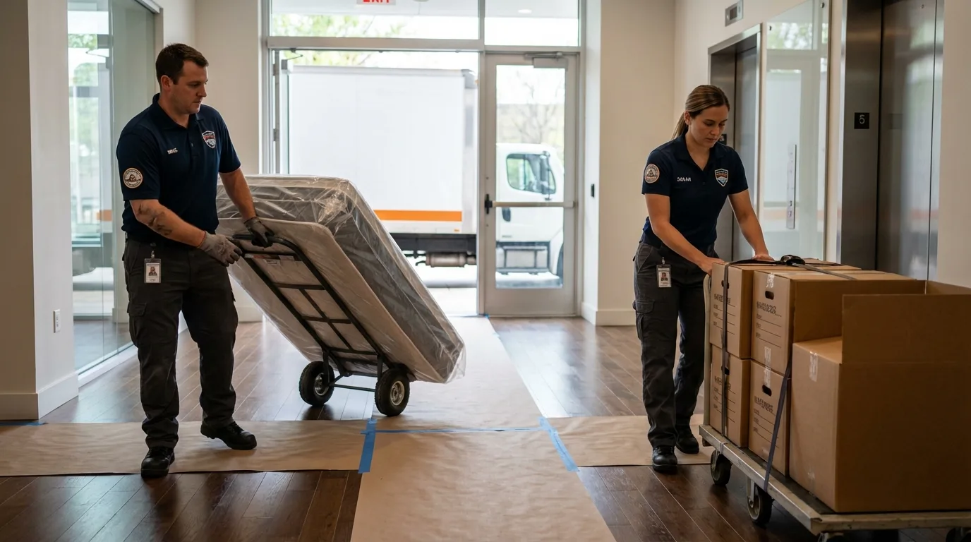 Professional apartment movers loading elevator in Leetonia, OH