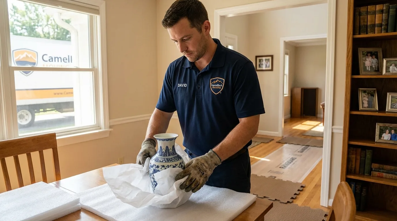 Professional crew carefully wrapping antique vase for senior downsizing move in Leetonia, OH